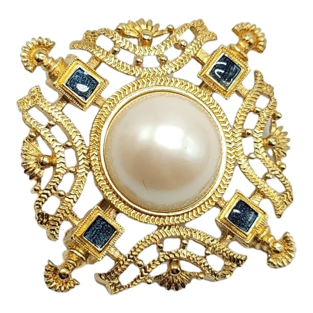 Monet Faux Pearl Blue Enamel Gold Tone Openwork Medallion Vintage Brooch